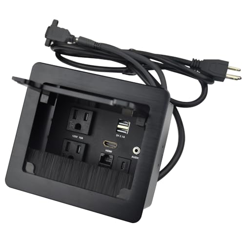La Mejor Lista de Salas de conferencia del mes. 41 Tabletop Brush Flip Connectivity Box con 2 alimentación de CA + 2 cargadores USB + HDMI + 1 audio de 3,5 mm + datos USB-C + RJ45 (cat6) para sala de conferencias (negro)