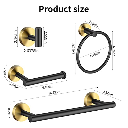 Hinmood Bathroom Hardware Set Black and Gold，Towel Bar Set Including 2pcs 16inch Towel Bars, 2pcs Toilet Paper Holders, 2pcs Towel Rings and 4pcs Robe Towel Hooks by Hinmood - Used condition - Image 7