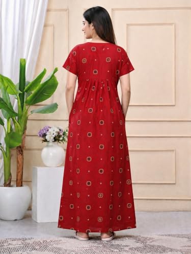 Image of Women's Pure Cotton Maxi Nighty, Jaipuri Embroidery Print, Short Sleeve Night Gown with Pocket