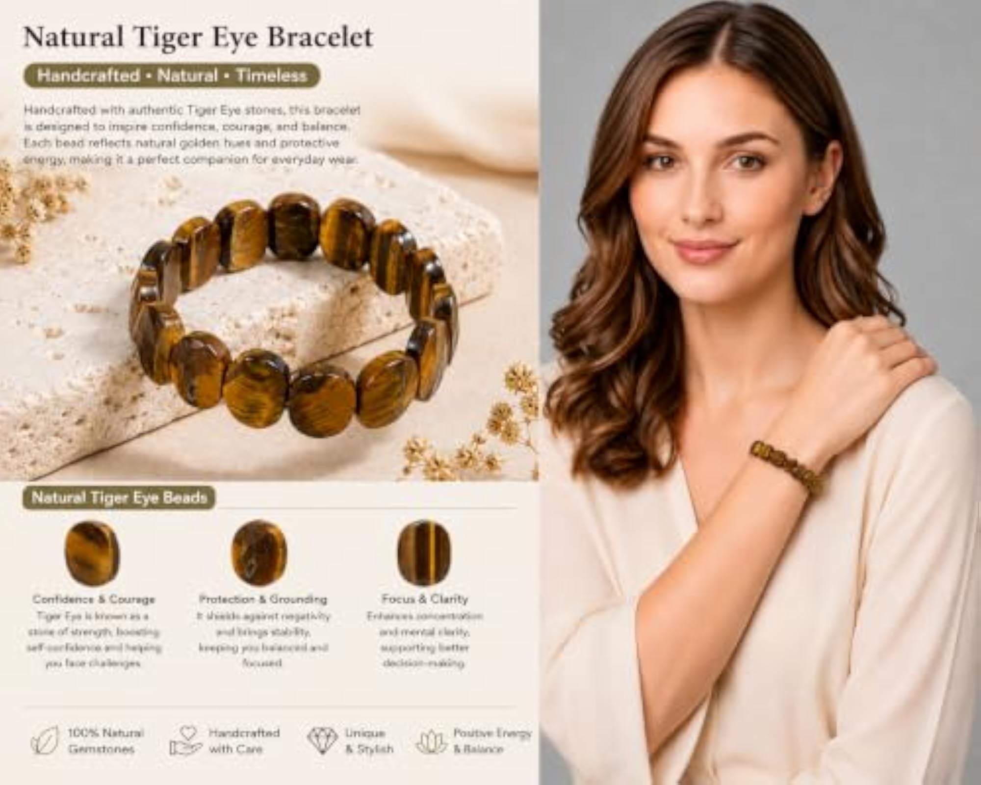 ROYAL BEADS Natural Tiger Eye Crystal Bracelet, Unisex
