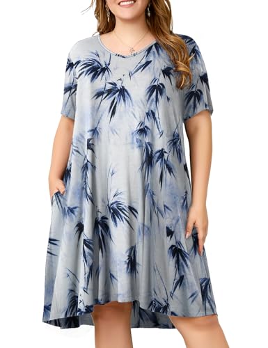Image of OVERWORETY Womens Short Sleeve Plus Size T-Shirt Dress V Neck Casual Loose Swing A-Line Summer Tunic Dresses with Pockets