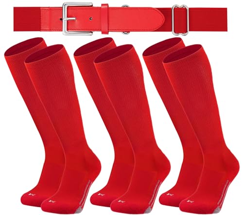 Londkaron Youth Elite Baseball/Softball Socks & Belt Combo (3 Pairs of Socks with 1 Belt) (Medium Red)