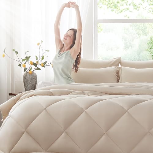 Anluoer California King Comforter Set,Beige Bed in a Bag 7 Piece,Bedding Set with Soft Down Alternative Fill,Bed Set Includes Comforter, Fitted Sheet, Flat Sheet,Pillowcases and Shams