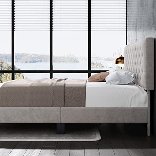 Hostack King Size Bed Frame, Modern Upholstered Platform Bed With Adjustable Headboard, Heavy Duty Button Tufted Bed Frame With Wood Slat Support, Easy Assembly, No Box Spring Needed (Grey, King) #TOP1