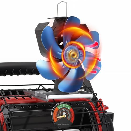 XTIMES Wood Stove Fan Heat Powered Fireplace Fan with Magnetic Thermometer Thermoelectric Fan for Wood Burning Stove/Pellet/Log Burner (Blue)