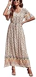 GRECERELLE Womens Summer Maxi Boho Beach Dress Floral Print Dress V Neck Short Sleeve Drawstring High Waist Flowy Long Midi Dresses (Michaelmas Dais Beige, S)