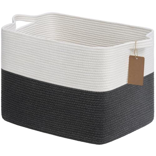 Image of Goodpick 50L Large Woven Rope Storage Basket, Rectangle, Dark Gray | 18 inch x 14 inch x 12 inch Decorative Gift Basket for Living Room & Nursery Organization, Fits Blanket & Toy Storage, Writable Label