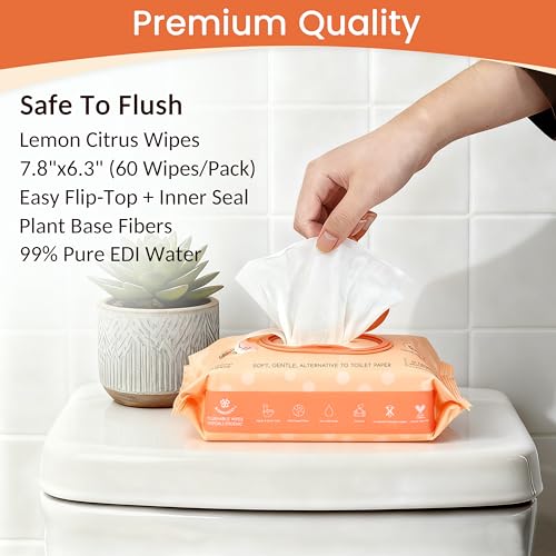 WONDERFUL Flushable Wipes, Lemon Citrus 100% Plant-Based Wet Butt Wipe for Adults & Kids, Sewer Septic Safe, Gentle for Sensitive Skin, Wipes Flushable Pack for Bathroom & Travel, 6-Pack (360 Counts) - Thumbnail 2
