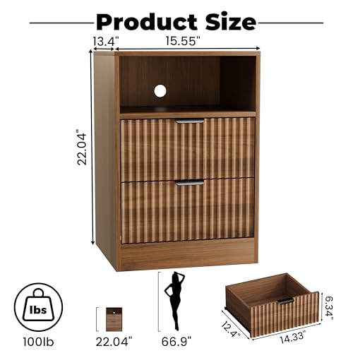 Image of Wodeer LED Nightstand with Charging Station, Fluted Nightstand Set of 2, Wood Nightstands with 2 Drawers & Metal Handles, Modern Bedside Table & End Tables, Farmhouse Night Stands for Bedroom, Walnut