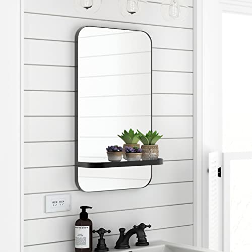 Black Farmhouse Bathroom Mirror With Shelf Vanity Mirror, Rectangle Metal Rounded Wall Mirror For Bathroom Living Room,Entryway 15.7" X 29.5" #TOP6
