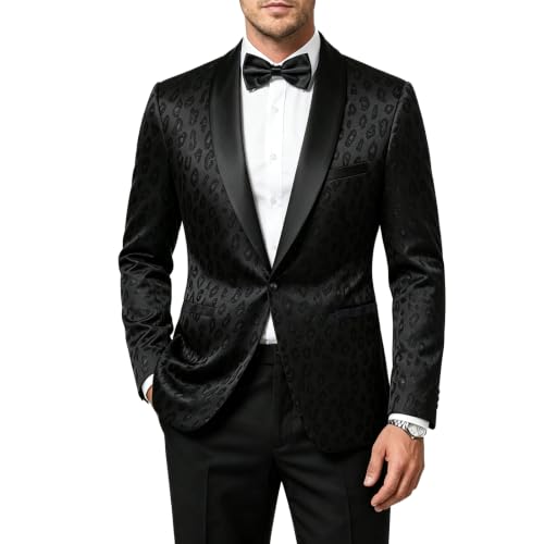 Men's Black Leopard Jacquard Tuxedo Suit Set,Slim Fit 2 Piece Shawl XL