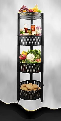 Round Trolley Kitchen Storage Cart with Fruit Vegetable Storage Baskets (Black, 4 Layer)