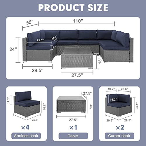 Betterland 7 Piece Outdoor Sectional Sofa Patio Furniture Set, All-Weather Pe Grey Wicker Patio Conversation Set With Washable Cushion And Glass Table(Dark Blue Cushions) #TOP2