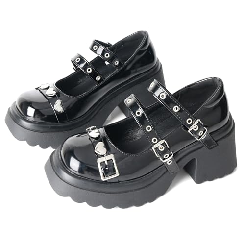 MEOTINA Platform Mary Jane Shoes Women Gothic Shoe Chunky Goth Heels with Heart Ankle Strap Black Patent Leather Pumps