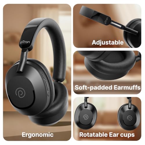 Image of pTron Studio Ultima w / 60Hrs Playtime, Dual Device Pairing, 40mm Drivers, Custom EQ, Mobile App, Wireless Over Ear Headphones w /HD Mic & TruTalk AI-ENC Calls, BTv5.4 & Type-C Charging (Jet Black)