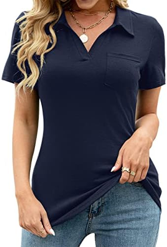 Womens Short Sleeve Golf Polo Shirts V Neck Collared Tunic Blouses Loose Casual Work Tops Navy Blue L