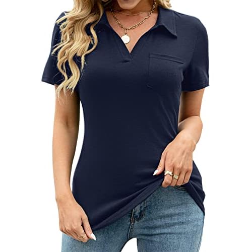 AKEWEI Womens V Neck Polo Shirts Short Sleeve Collared Tops Loose Casual Tunic Blouses with Pocket Navy Blue Medium