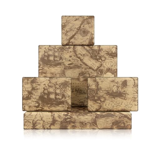 Geschenkpapier im Vintage-Stil, antikes Retro, braun, geheimnisvoller antiker Ozean, Meer, Fernost, Weltkarte, Segelboot, nautisches Braun, Kraftpapier, flach gefaltet, 4 Bögen, 50 x 70 cm, für