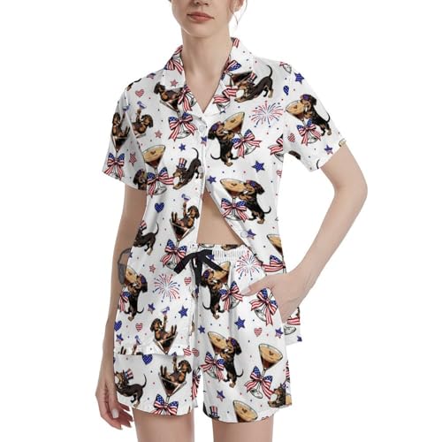 Image of Funny Satin Pajamas Set for Women Button Down Sleepwear Print Pjs Set 2 Piece Short Sleeve Loungewear Gift for Women