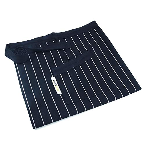 Image of Shiwaki Stylish Waist Aprons With Pockets, Lightweight Chef Apron,Plus Size Half Apron for Cooking, Baking, BBQ and Serving - Plaid Stripe Black
