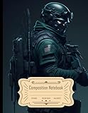 Composition Notebook College Ruled: Detailed Futuristic Soldier with Night Vision, Holding Gun, Holsters, Gloves, Sniper, Backpack, Size 8.5x11 Inches, 120 Pages