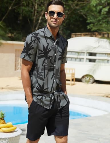 Image of Yimoon Men's Summer 2 Piece Outfits Tropical Print Short Sleeve Button Down Hawaiian Beach Shirt and Shorts Set