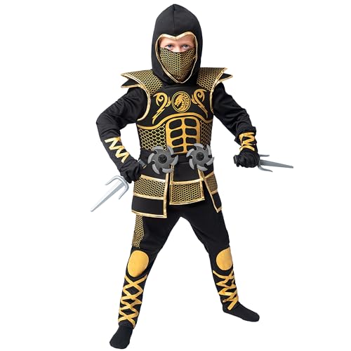 Spooktacular Creations Golden Ninja Costume for Boys, Kids Ninja Outfit Set with Golden Armor for Halloween Dress Up Parties