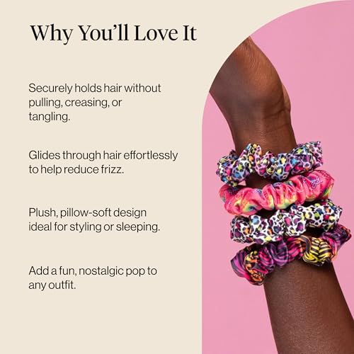 Image of Lisa Frank x Kitsch Ruched Satin Scrunchies for Women - Softer Than Silk Scrunchies | Hair Ties No Damage for Frizz-Free Sleep - Rainbow Leopard 4 pcs