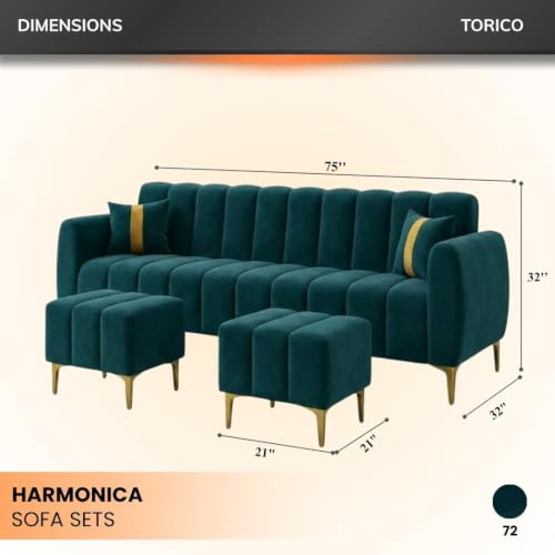 Image of Harmonica 3 Seater Modular L Shape Sofa Set with 2 Ottoman| Soft Velvet Upholstery, Sturdy Wooden Frame | Modern Sofa for Living Room, Hall & Office Spaces (Greenish Teal)