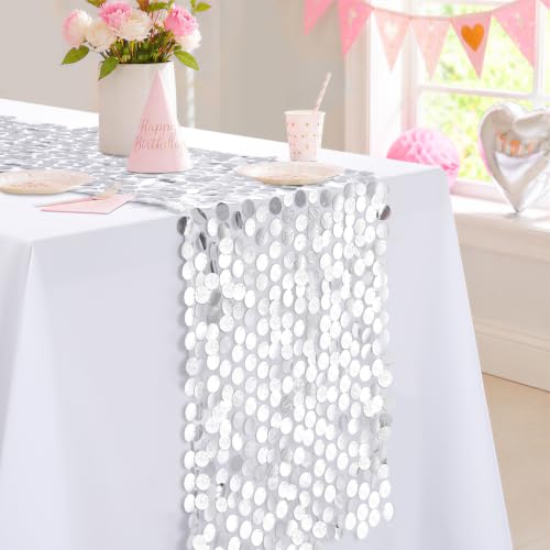 Silver Sequin Table Runner: 12x84 Inches Table Runners - 18mm Sequin Glitter Fabric for Minnie Theme Party Decorations