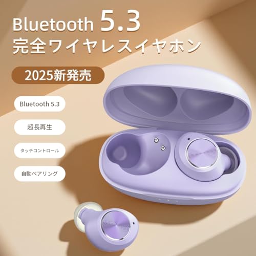 ワイヤレスイヤホン Bluetooth Hi-Fi音質 2025最新ブルートゥース5.3 インナーイヤー型 本体4時間＆合計50時間超長再生 Type‐C急速充電 自動ペアリング 瞬間接続 マイク内蔵 カナル型 完全ワイヤレス タッチ操作 ハンズフリー通話 コンパクト ビジネス/通勤/通学/スポーツ (パープル)