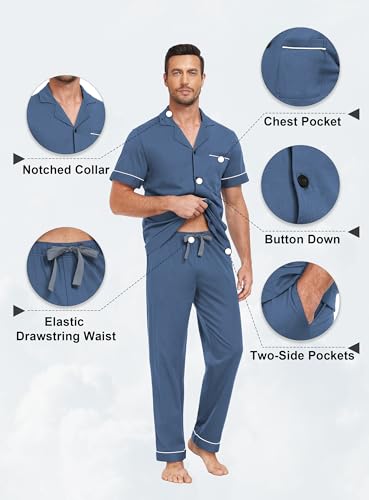 EA'S SECRET Mens 100% Cotton Pajamas Set Short Sleeve Loungewear with Long Pants Button Down Sleepwear Soft Comfy Pjs4