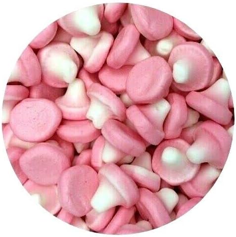Foam Mushroom Sweets - 1KG Gift Pouch - Strawberry Flavour Pink and White Foam Mushroom Shapped Sweets