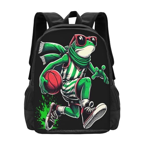 Cool Frog Basketball Player Backpack Large Capacity Backpacks Leisure Travel Daypack 12.5X5.5X16.5 inch
