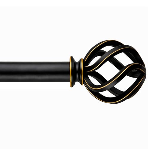 Black Curtain Rods 18 to 144 Inches, 1 Inch Modern Drapery Rods, Adjustable Heavy Duty Curtain Rod, with Twisted Cage Finial for Home & Office (18"-48