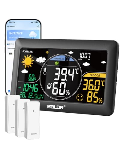BALDR WLAN-Wetterstation mit App, 7,5-Zoll-Farbdisplay, 3 drahtlose Sensoren, kabellose Wetterstation für drinnen und draußen mit Echtzeit-Internetvorhersage BALDR WLAN-Wetterstation mit App, 7,5-Zoll-Farbdisplay, 3 drahtlose Sensoren, kabellose Wetterstation für drinnen und draußen mit Echtzeit-Internetvorhersage