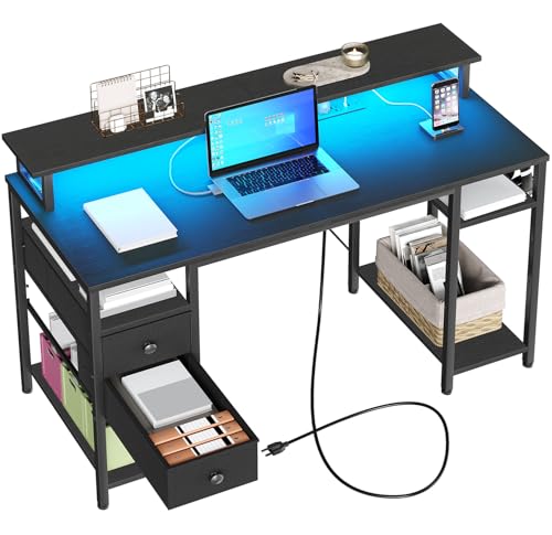 HOOBRO 47 inch Gaming Desk with LED Lights & Power Outlets, Computer Desk with Monitor Stand and Drawers, Gaming Table with Storage Shelves for Home Office, Study, Working, Black BB47UDDN01