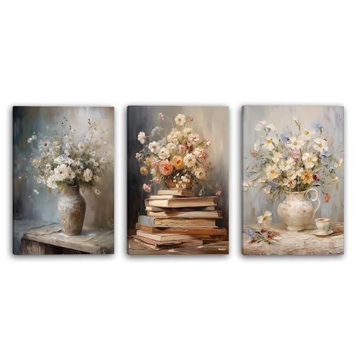 YunBey Set de 3 Tableaux à Huile de Fleurs Vintage, Décoration Murale Artistique à Thème Fleurs & Livres, Adapté pour Salon, Chambre à Coucher et Salle à Manger...