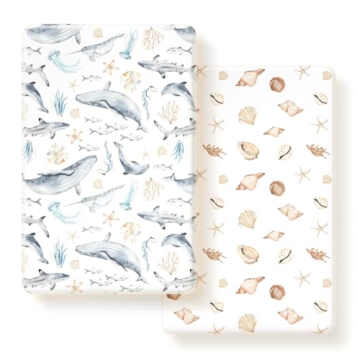 Image of GRSSDER Stretchy Super Soft Jersey Knit Fitted Pack n Play Sheets Set 2 Pack, Universal Fitted for Portable/Mini Crib Mattresses Snug and Safe, Beautiful Marine Organism for Boys and Girls