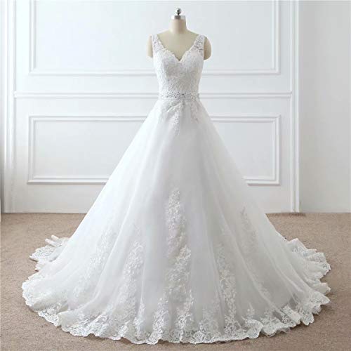 OWMAN Lace V Neck Wedding Dress Beaded Bridal Dresses Appliques Straps Wedding Gown White - Thumbnail 2