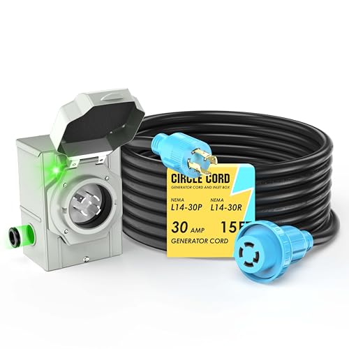CircleCord 4 Prong 15 Feet 30 Amp Generator Extension Cord and Inlet Box with Locking Connector...