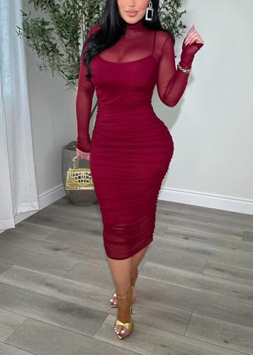 Image of MOEENCN Sexy Long Sleeve Midi Dress for Women Sheer Mesh Printed 2 Piece Skirt Set Crew Neck See Through Bodycon Party