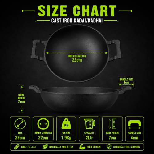 Image of Esspy Pre-Seasoned Cast Iron Kadai with Silicon Handle | 24cm /8.6inch | Kadhai for Deep Frying, Sauteing, Stir Fry, Curry & Indian Cooking | Naturally Non-Stick | Gas, Induction & Oven Compatible
