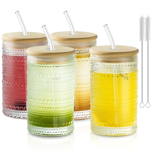 Set of 4 Hobnail Highball Glasses: Embossed Beaded Glass Cups with Lids and Straws – Perfect for Cocktails Margaritas, Beer, Juice, and More – Elegant Mixed Drinkware (4PCS with Lids & Straws)