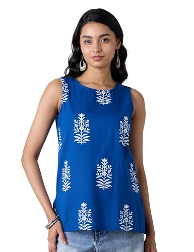 Image of Amazon Brand - Myx Women's Cotton Printed Sleeveless Short Kurti (Available in Plus Sizes)