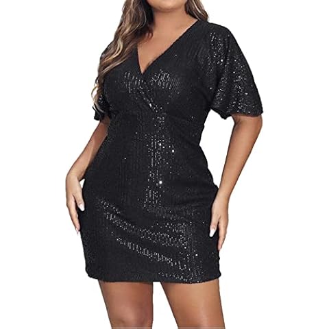 EVILD Women Plus Size Sequin Bodycon Dress V Neck Porm Mini Dress Short Sleeve Glitter Plus Dress Cocktail Sequins Dresses Black Cover