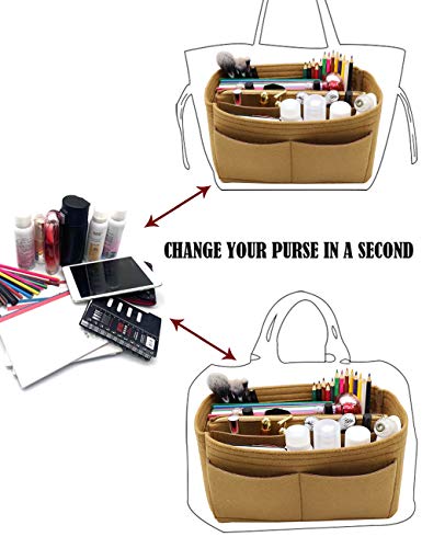 Image of Felt Purse Insert Handbag Organizer Bag in Bag Organizer with zipper Bag Tote Shaper for Speedy Neverfull 8021 Light Brown L