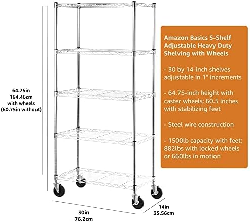 Amazon Basics 5-Shelf Storage Unit on 4-inch Casters with Height Adjustable Shelves and Adjustable Levelling Feet - 680kg Max Weight, Chrome