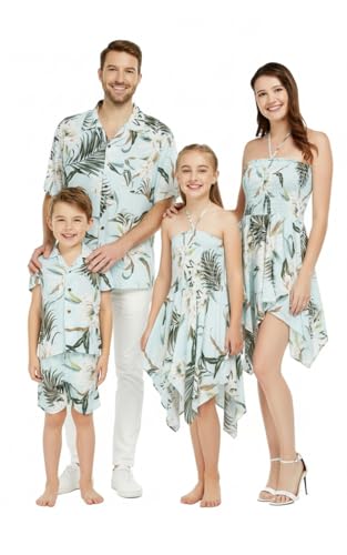 Image of Wispy Cereus Light Blue Family Matching Hawaiian Clothes | Family Matching Outfits • Soft Rayon Fabric • Tropical Floral Print • Vacation Ready • Luau Party Wear