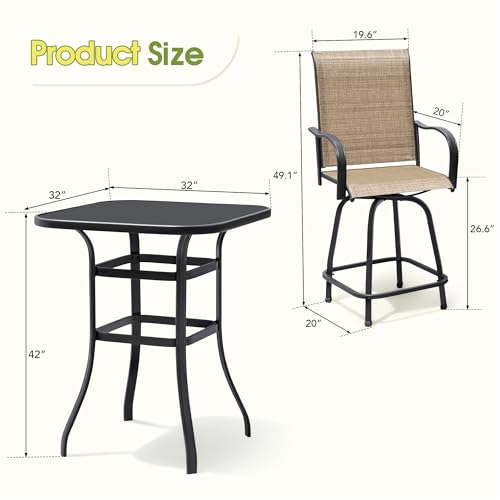 Devoko Patio Swivel Bar Set 3 Pieces | Patio High Top Bar Table and Stools Chairs Set Textilene Sling Fabric Outdoor Bar Stools Set of 2 for Garden, Balcony